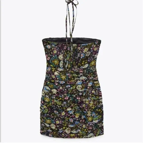 Zara Ruched Floral Tie Up Bodycon Mini Dress Size M NEW WITH TAG! - Picture 6 of 7